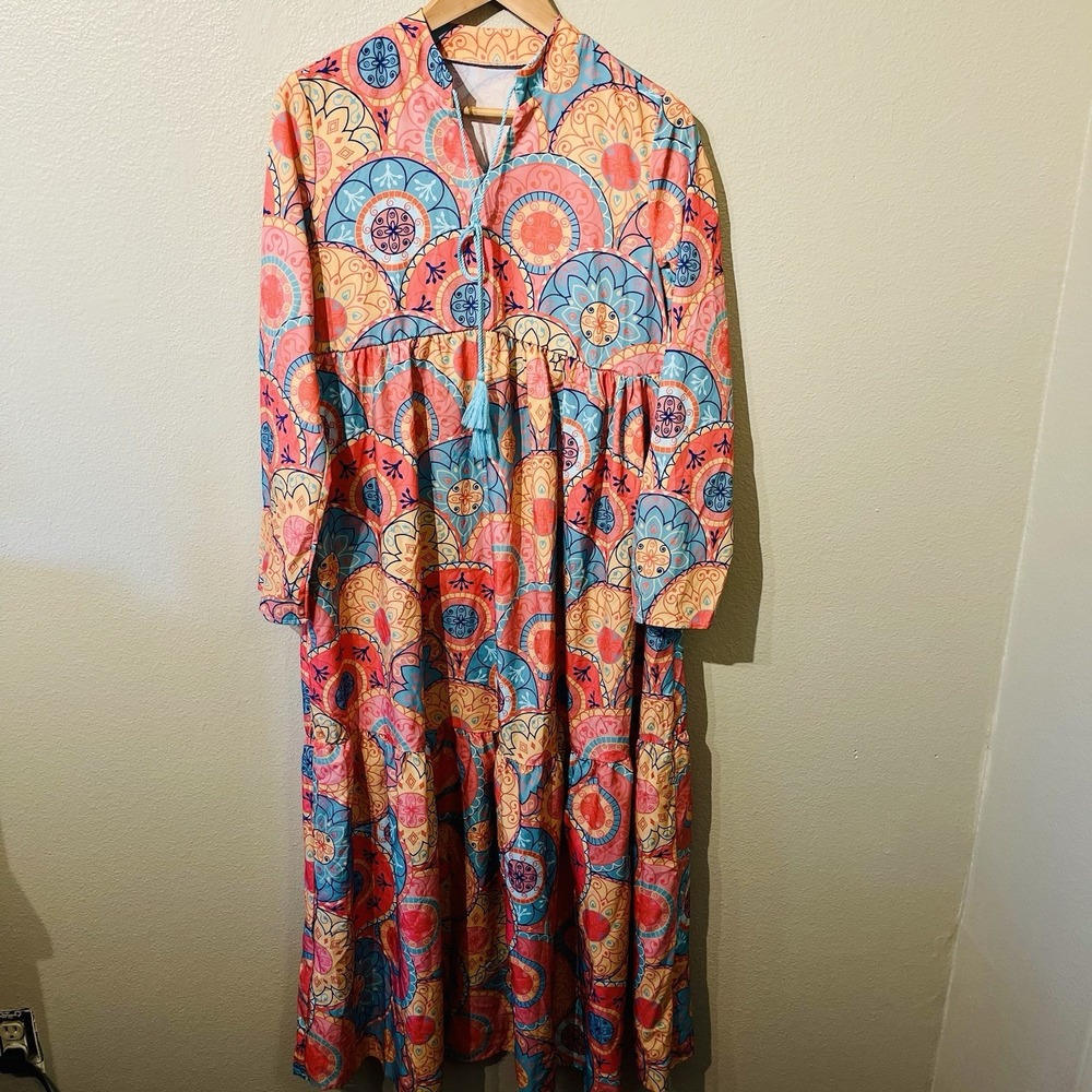 Vibrant Maxi‎ Dress Long Sleeve Tiered Multi Color Orange Green Coral Size S